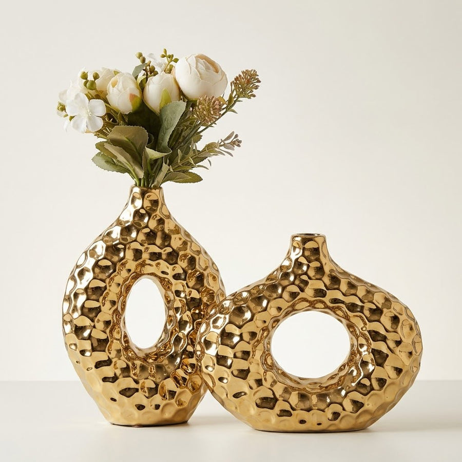 GOLDEN CERAMIC VASE SET OF 2 W\O BUNCH