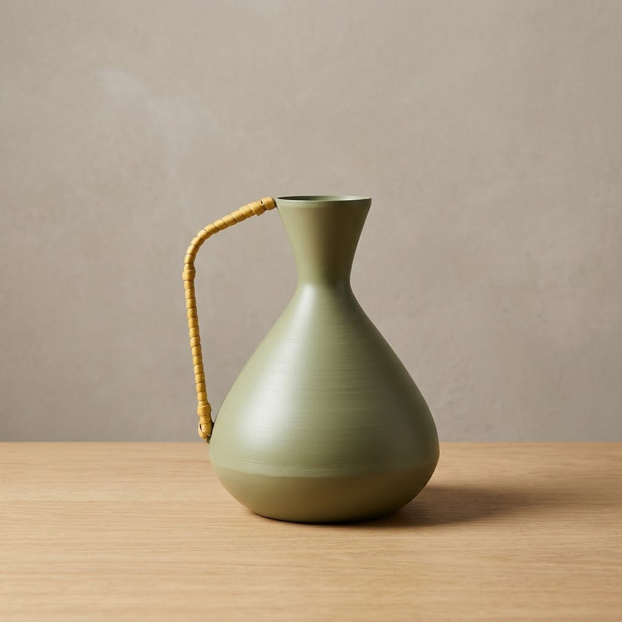 Modern Green Pitcher Vase WSith Braided Ratten Handle