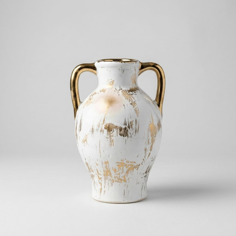 Luxury White & Gold Ceramic Vase With Dual Handle