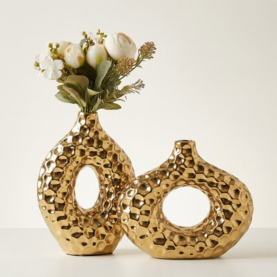 GOLDEN CERAMIC VASE SET OF 2  W\O BUNCH