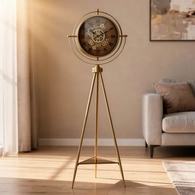METAL TRIPOD STANDING CLOCK 5FT WITH GEARS AND SHELF