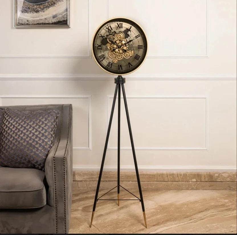 METAL TRIPOD STANDING CLOCK WITH GEARS 5FT HEIGHT