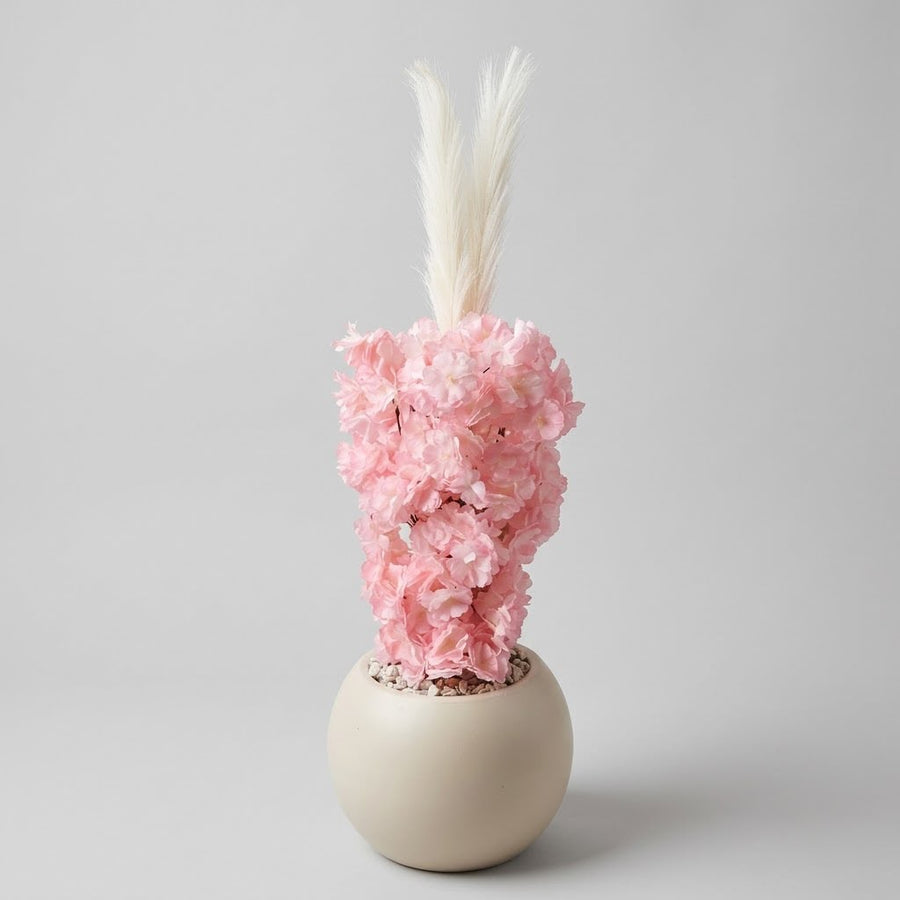 Artificial Pink Cherry Blossom & Pampas Grass in pot