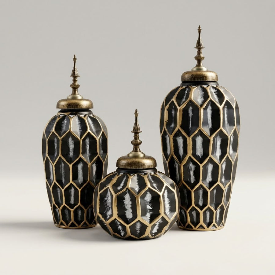 Luxury Black & Gold Jars Collection Set of 3pcs