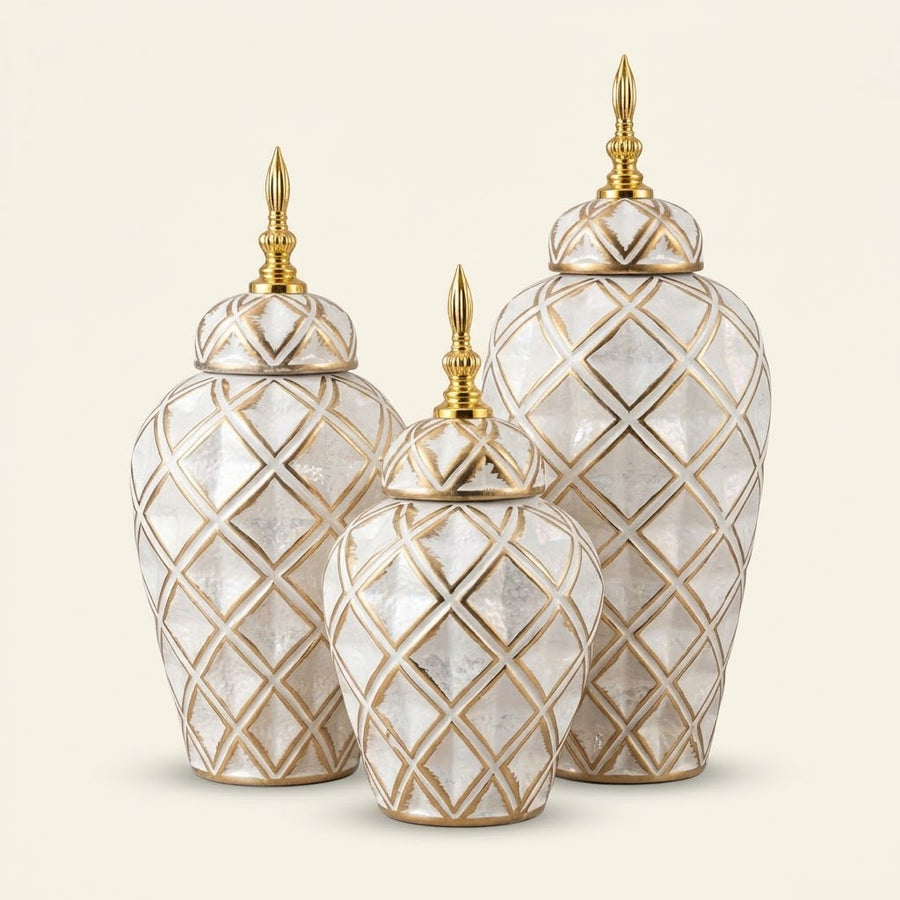 Luxury White & Gold Jars Collection Set Of 3pcs