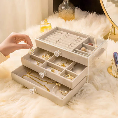 Velvet Drawer with Cosmetic Box Acrylic Drawer Jewelry Storage Box for Women Earrings Necklace Ring Charms Holder
