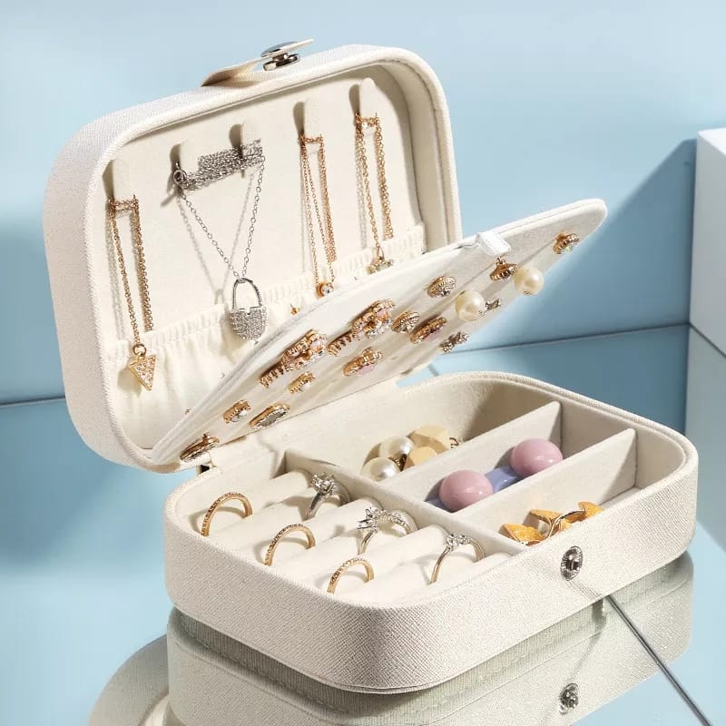 Compact Travel Jewellery Box with Necklace Hooks & Ring Slots