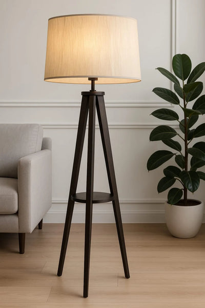 WOODEN TRIPOD LAMP WITH SHELF